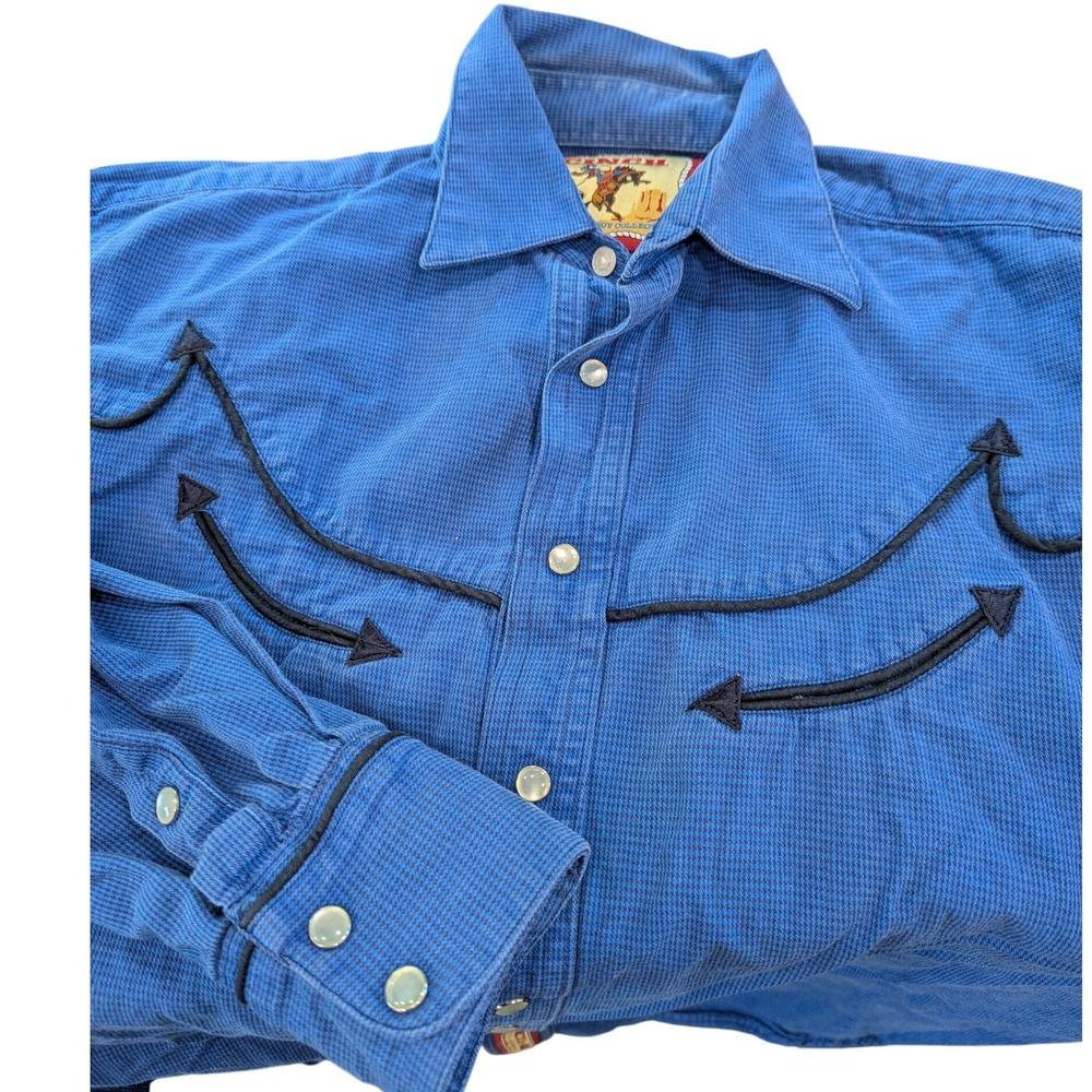 Cinch‎ Mens Blue Micro Check Western Snap Long Sleeve Shirt Smile Pockets Large
